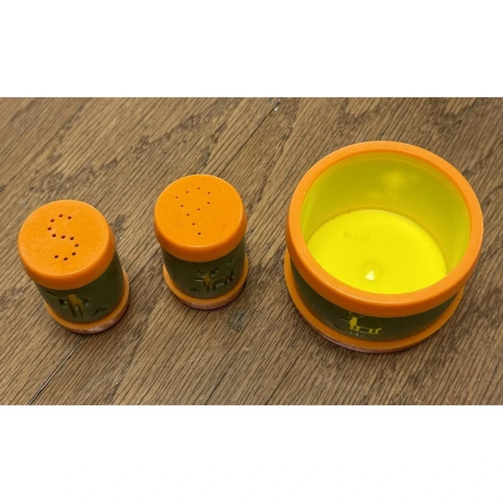 Vintage St. Labre Indian School Plastic Orange & Green Salt Pepper Shakers & Cup